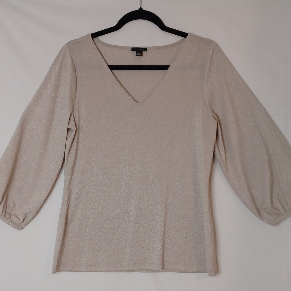 Ann Taylor Puff Sleeve Shiny/Glittering Beige New Years Eve Style Top Size Med
